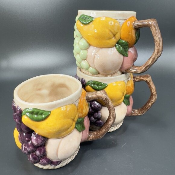 Vintage 1969 Hand Glazed Painted Ceramic Mugs Cups Set 3 Fruit Whimsical Signed - Picture 13 of 14